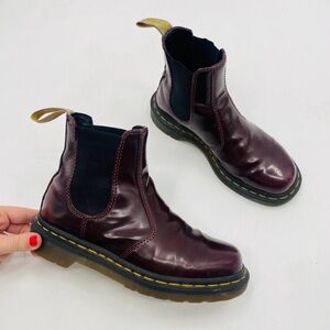 Dr. Martens maroon patent leather chelsea boots